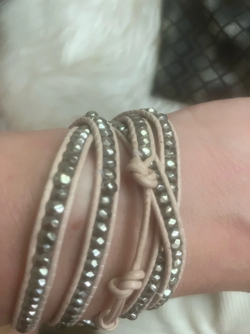 Chan Luu Beige Leather Wrap Bracelet with Silver Beads